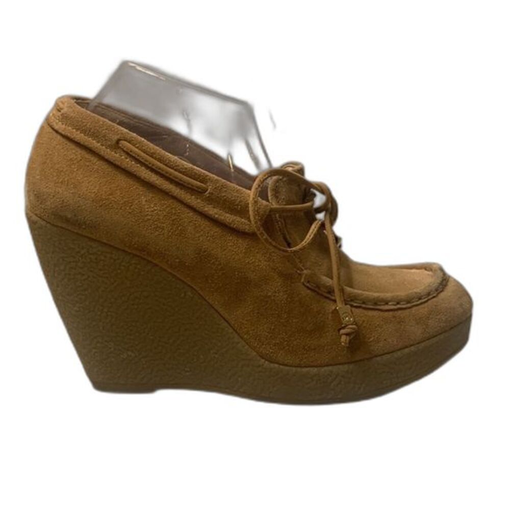 Michael Kors Suede Wedge Booties Lace Up Ankle Boots Beige Women Size 9.5 Work